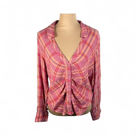 ANTHROPOLOGIE PILCRO RUCHED DEEP V- NECK PLAID BUTTON UP SHIRT SIZE LP - Picture 3 of 13